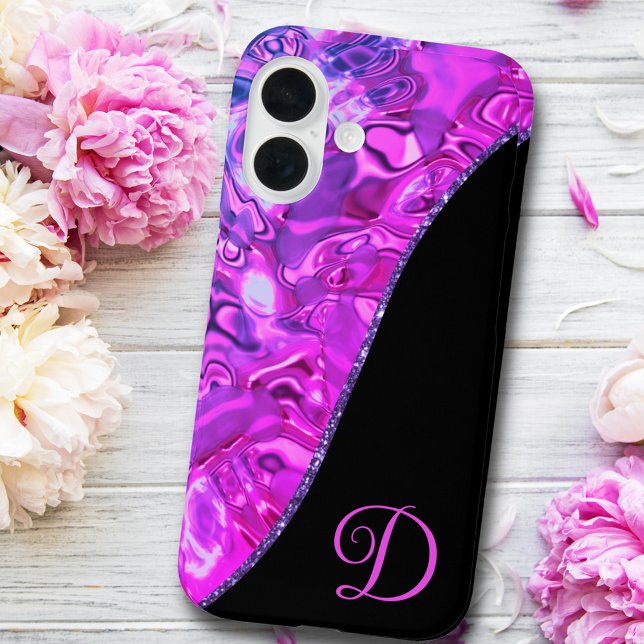 Stylish Hot Pink Black Purple Glitter Monogram Case-Mate iPhone Case (Creator Uploaded)