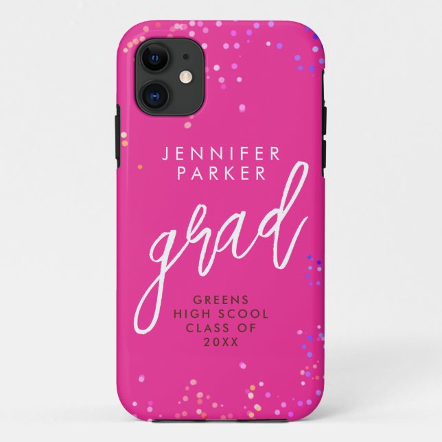 Stylish Hot Pink Graduate With Modern White Script Case-Mate iPhone Case (Back)