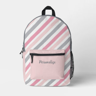 Stylish Hot Pink & Grey Angled Stripes Personalise Printed Backpack