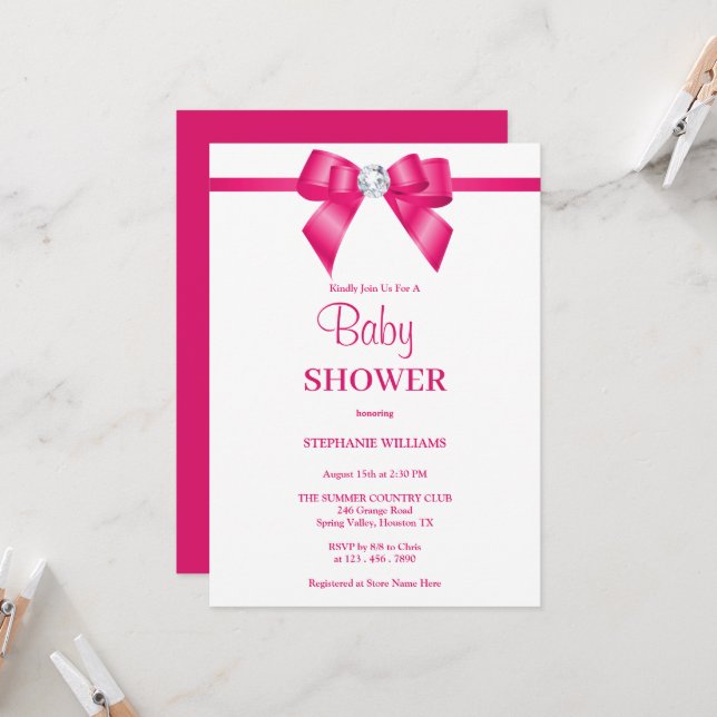 Stylish Hot Pink Jewel Bow Baby Shower Invitation (Front/Back In Situ)