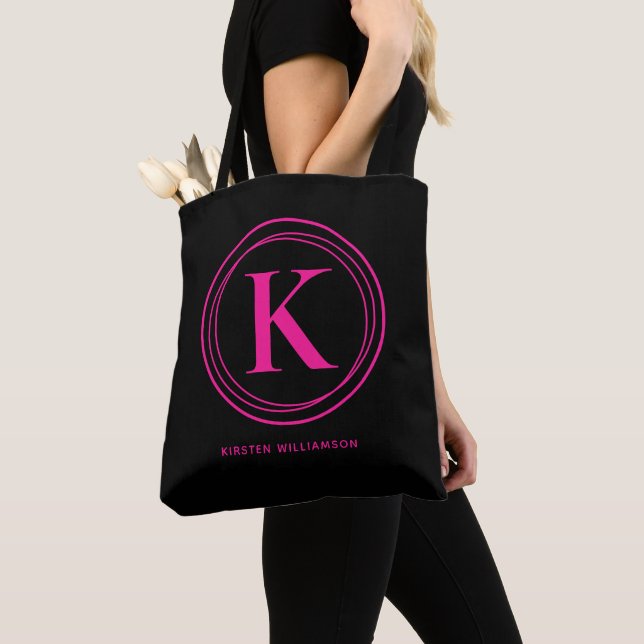 Stylish Hot Pink Monogram Name Black Tote Bag (Close Up)