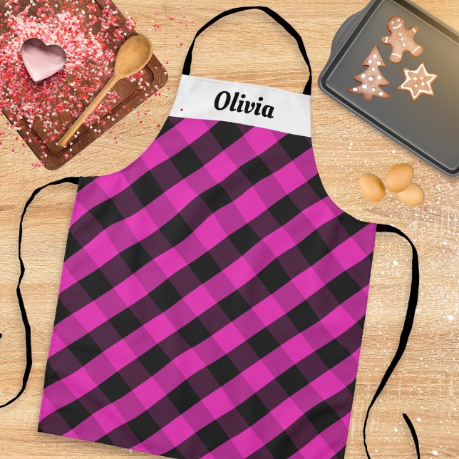 Stylish Hot Pink Plaid Custom Name Modern Kitchen Apron (A personalized kitchen apron with bright pink plaid pattern. Personalize with a name at the top.)