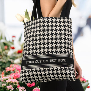 Stylish Houndstooth Personalised Black Off-White Tote Bag