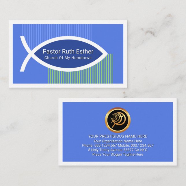 Stylish Ichthus Fish In Blue Stripe Water Business Card (Front/Back)