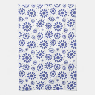 Stylish Indigo Blue and White Daisy Pattern Tea Towel