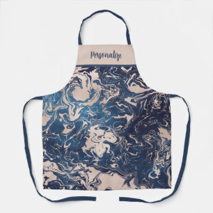 Stylish Indigo Blue Cream Marble Swirl Pattern Apron