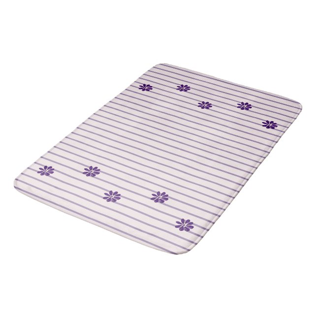 Stylish Indigo Flowers, Blush & Violet Striped Bath Mat (Angled)