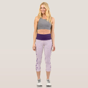 Stylish Indigo Flowers, Blush, Violet Striped Capri Leggings