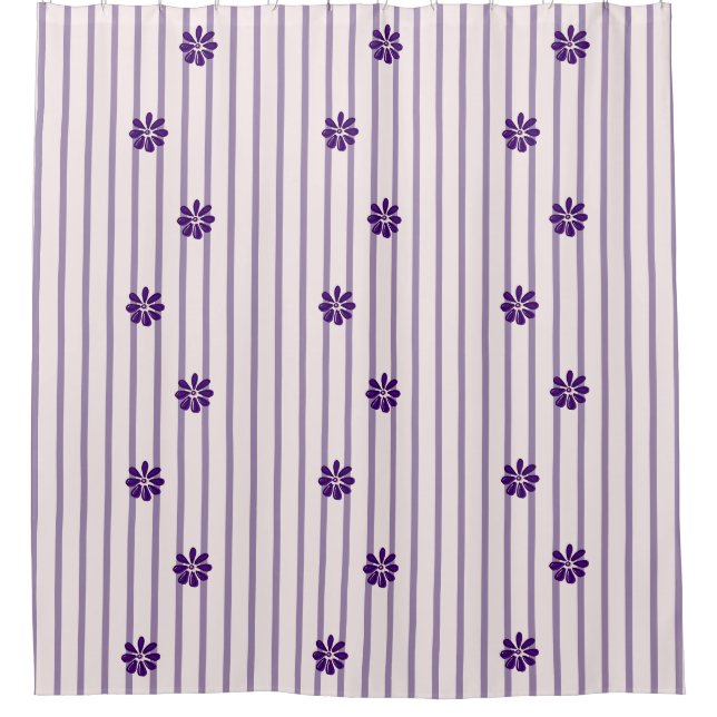 Stylish Indigo Flowers, Blush & Violet Stripes Shower Curtain (Front)