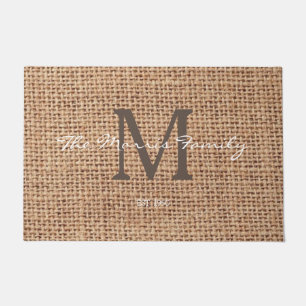 Stylish initial and script text family name burlap doormat