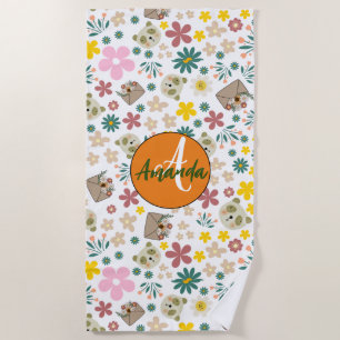 Stylish initial monogram botanical girly white beach towel