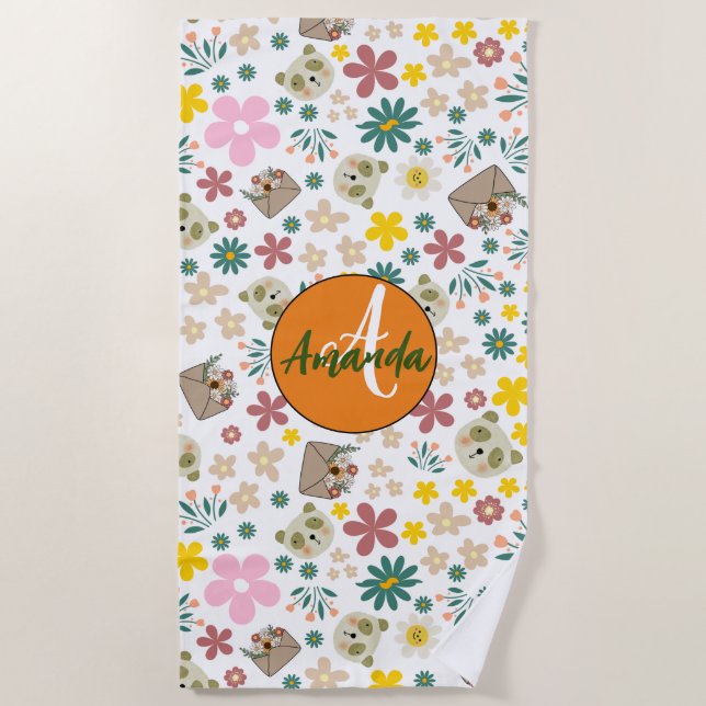 Stylish initial monogram botanical girly white beach towel (Front)