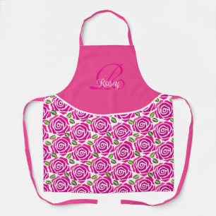 Stylish Initial Name Hot Pink Magenta Roses Custom Apron