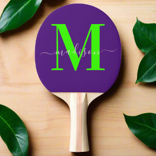 Stylish Initial Name Neon Green & Purple Script  Ping Pong Paddle