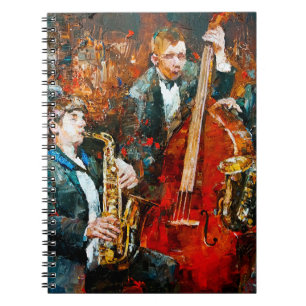 Stylish jazz band playing music on the scene, back notebook