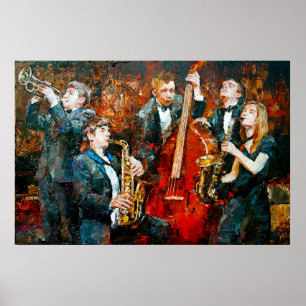 Stylish jazz band playing music on the scene, back poster