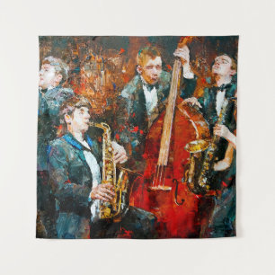 Stylish jazz band playing music on the scene, back tapestry