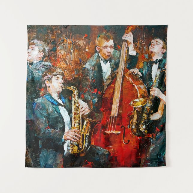 Stylish jazz band playing music on the scene, back tapestry (Front)