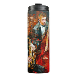Stylish jazz band playing music on the scene, back thermal tumbler