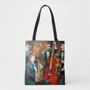 Stylish jazz band playing music on the scene, back tote bag