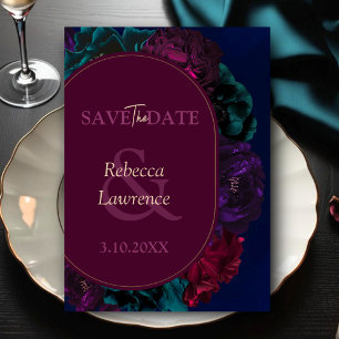 Stylish jewel tones floral burgundy navy wedding save the date