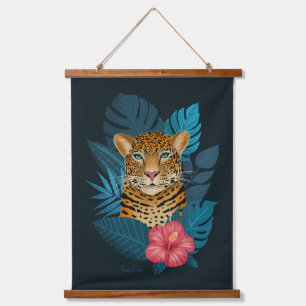 Stylish Jungle Leopard Floral Art Blue Navy Hanging Tapestry