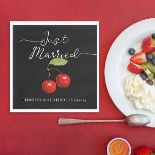 Stylish Just Married Retro Cherries Black Wedding Napkin