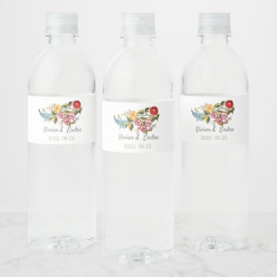 Stylish Kalocsai florals - personalised wedding Water Bottle Label