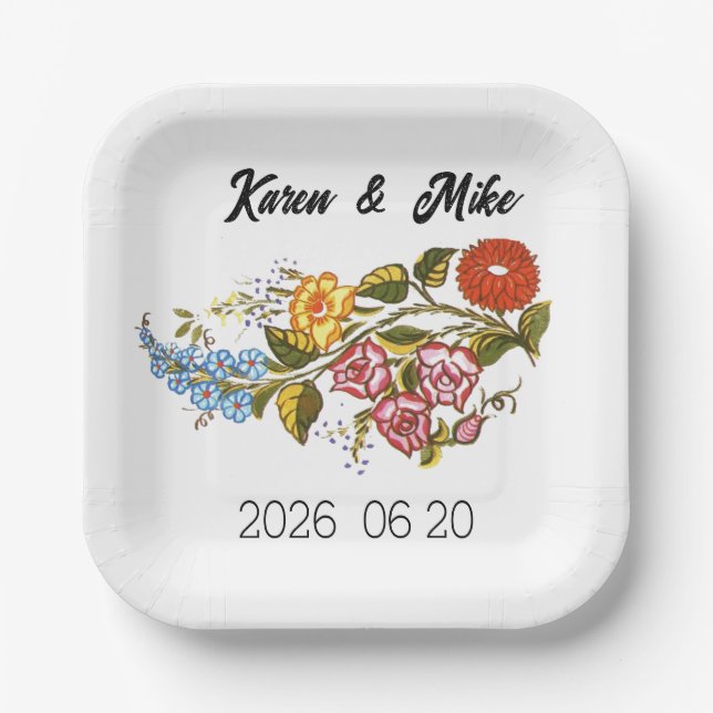 Stylish Kalocsai  flowers - personalized wedding Paper Plate (Front)