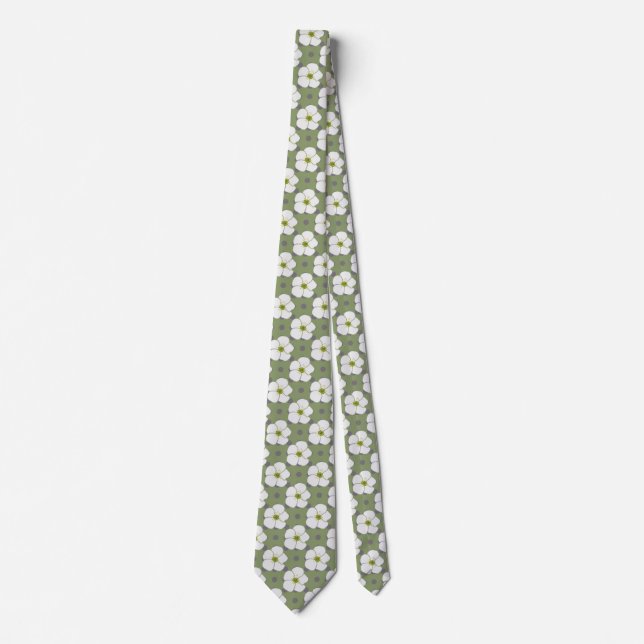 Stylish Khaki White Flowers Floral Pattern  Tie (Front)