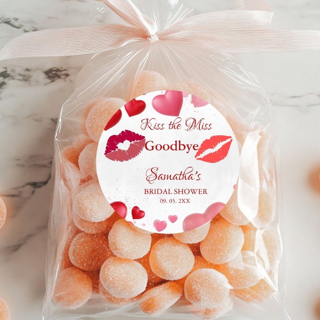 Stylish  Kiss Miss Goodbye Red Lips Bridal Shower Classic Round Sticker (Creator Uploaded)