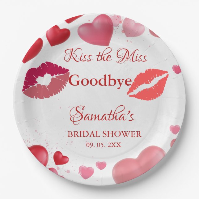 Stylish  Kiss Miss Goodbye Red Lips Bridal Shower Paper Plate (Front)