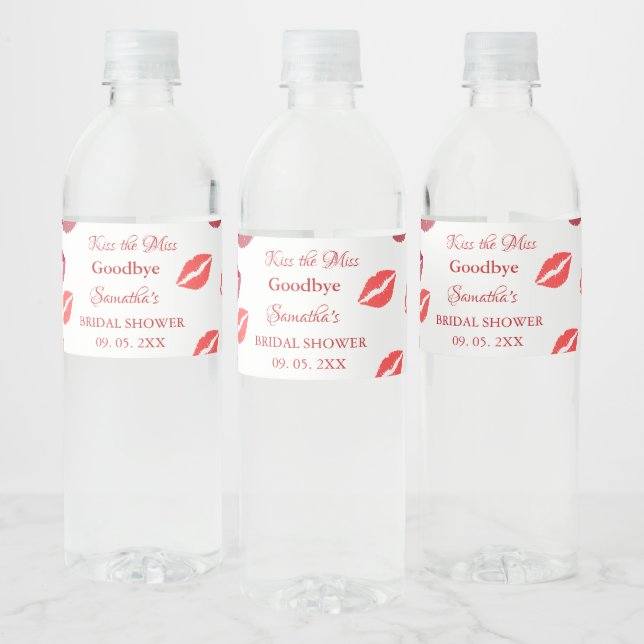 Stylish  Kiss Miss Goodbye Red Lips Bridal Shower Water Bottle Label (Bottles)