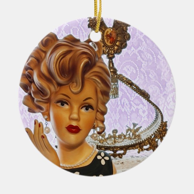 Stylish Lady Head Vase Spiral Curls Floral Dress Ceramic Ornament (Front)