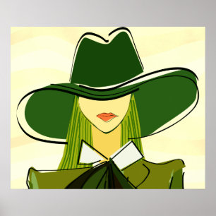 Stylish lady in green with hat fashion poster
