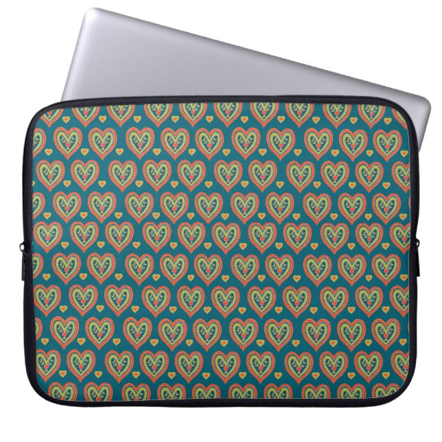 Stylish Laptop Sleeve, Red Hearts on Dark Teal Sleeve (Front)