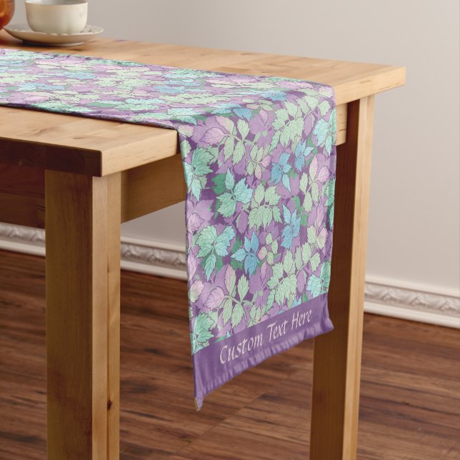 Stylish Lavender Teal Foliage Leaves Pattern Short Table Runner (In Situ)