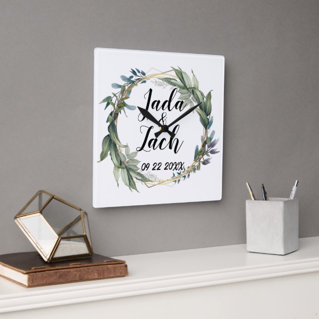 Stylish  Leafy Wreath Wedding Square Wall Clock (Office)