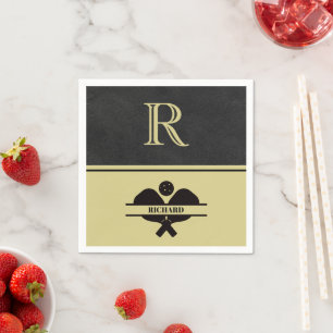 Stylish Leather Textured Monogram Name Black Gold Napkin