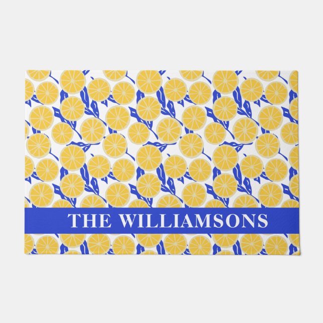 Stylish Lemon Pattern Blue Yellow Personalised  Doormat (Front)