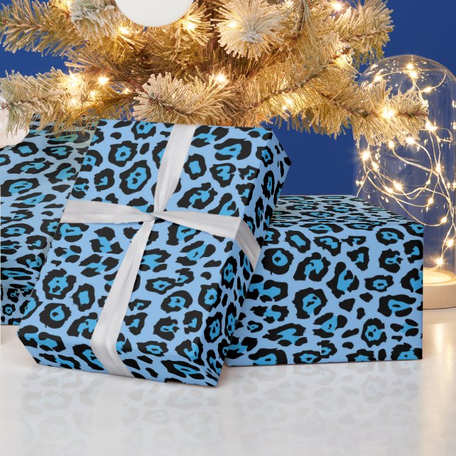 Stylish leopard animal print pattern sky blue fun wrapping paper (Holidays)