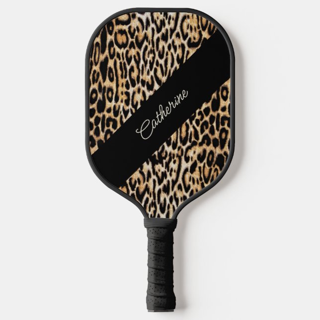 Stylish Leopard Animal Print with Any Name Pickleb Pickleball Paddle (Front)