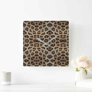 Stylish leopard fur animal print pattern modern square wall clock