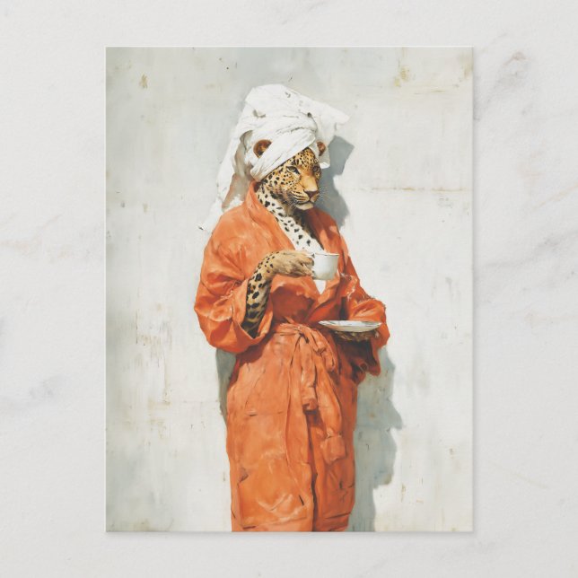 Stylish Leopard Morning Coffee Portrait Postcard (Front)