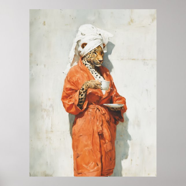 Stylish Leopard Morning Coffee Portrait Poster (Front)