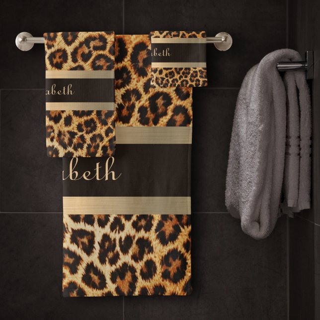 Stylish Leopard Pattern Brown and Gold Stripe Name Bath Towel Set (Creator Uploaded)