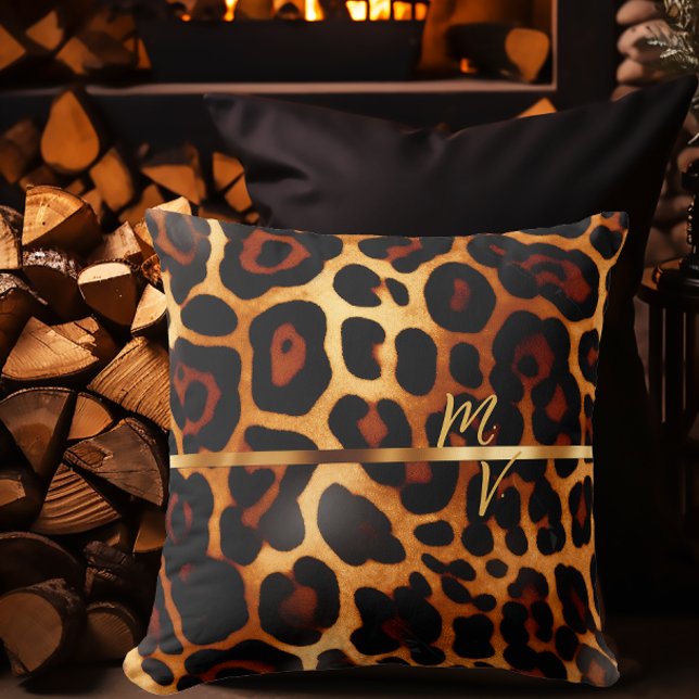 Stylish Leopard Print and Gold Monogrammed  Cushion (Ultra Luxe Leopard-Print Monogrammed Decorative Pillow)