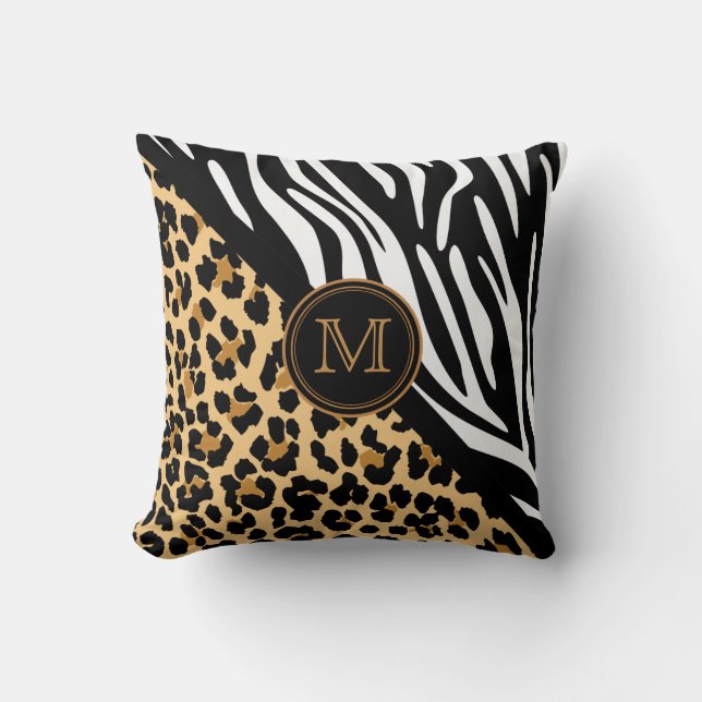 Stylish Leopard Print and Zebra Print Monogram Cushion (Front)