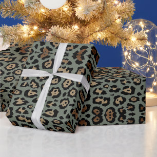 Stylish leopard print brown fir spruce green chic wrapping paper