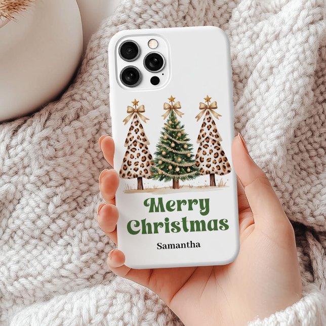 Stylish leopard Print Christmas trees personalised Case-Mate iPhone Case (Stylish leopard Christmas trees personalized phone case gift)